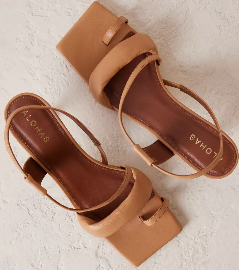 ALOHAS brown leather slingblack heel sandals